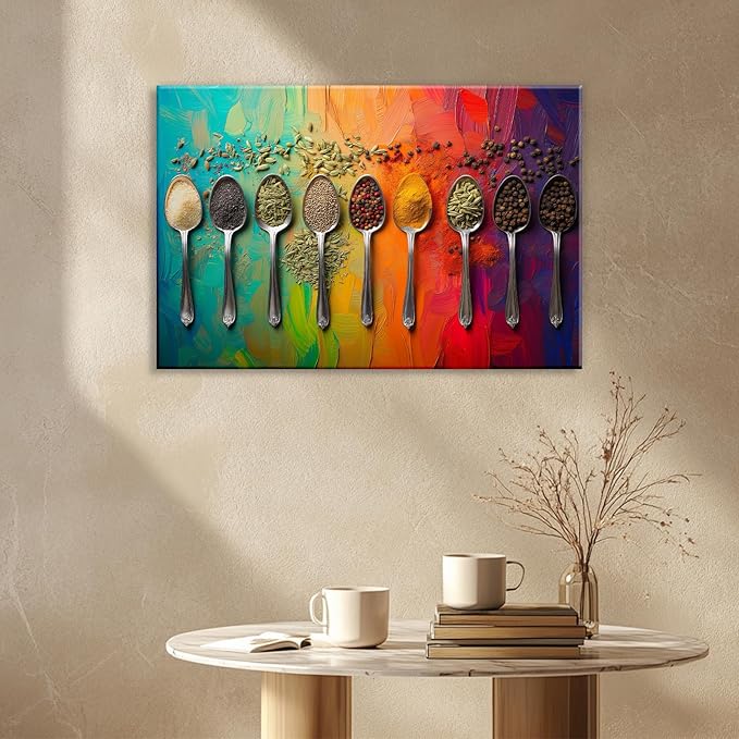 OAAPITI Kitchen Canvas Wall Art Colorful Spices Seasoning Spoon Picture Print Rustic Contemporary Artwork For Home Kitchen Dining Room Wall Decor(Artwork-2,20"x30")