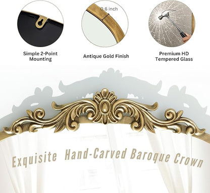 PERFNIQUE Vintage Mirror, 35" X 24" Arched Antique Baroque Wall Mirror, Gold Traditional Wall Decor, Ornate Decor Anthro Look Alike Furniture for Bathroom Living Room Fireplace Entryway Hallway