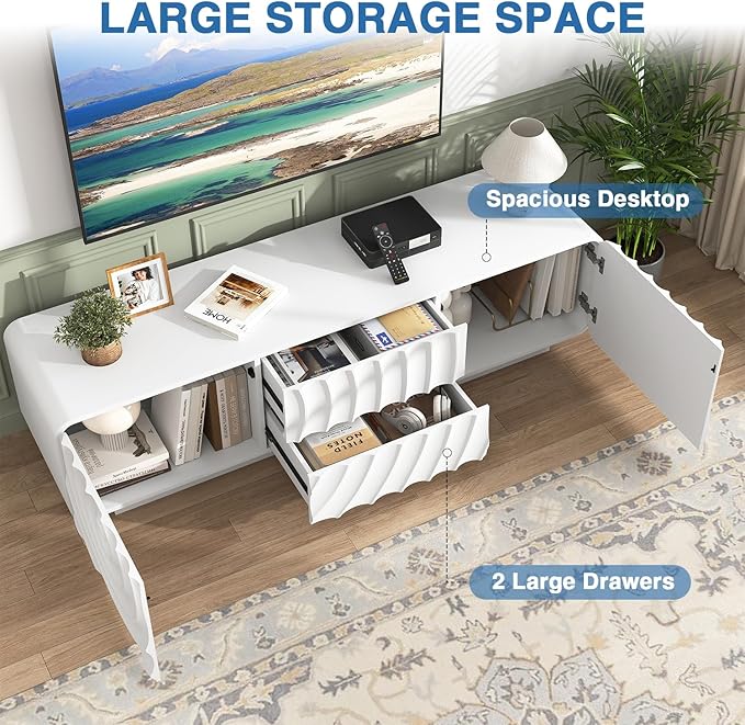 TV stand for 65'' TV , Media Console Table with Storage Cabinet, Spiral Wave Design,Low Profile Credenza for Living Room,Entertainment Center Television Stand with Curved Corner for Bedroom White