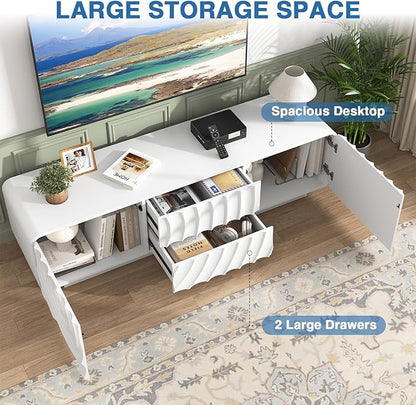 TV stand for 65'' TV , Media Console Table with Storage Cabinet, Spiral Wave Design,Low Profile Credenza for Living Room,Entertainment Center Television Stand with Curved Corner for Bedroom White
