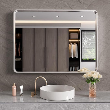JISOSO Brushed Nickel Bathroom Mirror 48x32 Inch, Brushed Silver Metal Frame Mirror Wall Mounted, Rounded Rectangle Bathroom Vanity Mirror, Tempered Glass, Anti-Rust, Horizontal/Vertical