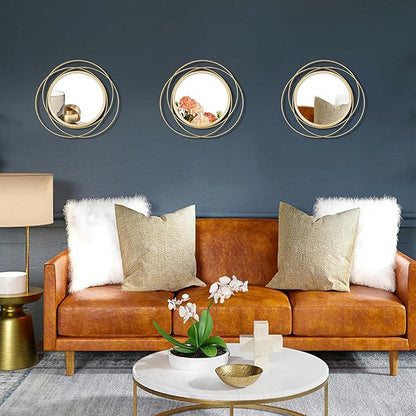 3 Set. Round Mirrors for Wall Decor Living Room Bedroom Bathroom Dining Room Metal Circle Mirror Set Boho Decorative Sunburst Wall Art Accent Entryway - Gold 9.5 in.