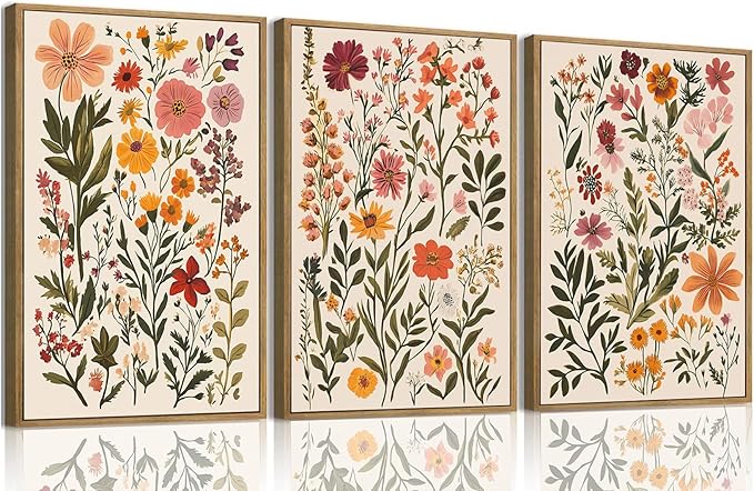 KISSFOX 3 Piece Boho Floral Canvas Wall Art For Bedroom Cottagecore Wild Flower Framed Wall Art Colorful Nature Modern Botanical Art Prints For Nursery Living Room,16x24 in