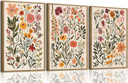 KISSFOX 3 Piece Boho Floral Canvas Wall Art For Bedroom Cottagecore Wild Flower Framed Wall Art Colorful Nature Modern Botanical Art Prints For Nursery Living Room,16x24 in