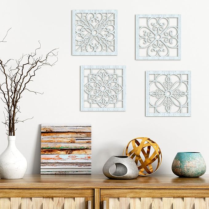 Yulejo 4 Pieces Thicken Rustic Wall Art - Farmhouse Wooden Hollow Carved Design for Living Room, Bedroom, Hallway, Office, Kitchen Decoration (Light Cyan)
