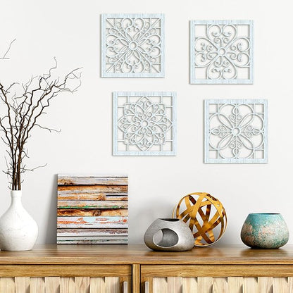Yulejo 4 Pieces Thicken Rustic Wall Art - Farmhouse Wooden Hollow Carved Design for Living Room, Bedroom, Hallway, Office, Kitchen Decoration (Light Cyan)
