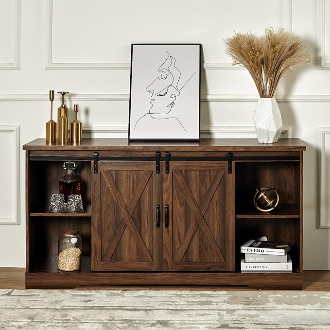 AMERLIFE 59" Fireplace TV Stand for TVs up to 65", Farmhouse Entertainment Center with Sliding Barn Doors, Storage Cabinets and Adjustable Shelves, Dark Walnut