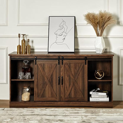 AMERLIFE 59" Fireplace TV Stand for TVs up to 65", Farmhouse Entertainment Center with Sliding Barn Doors, Storage Cabinets and Adjustable Shelves, Dark Walnut
