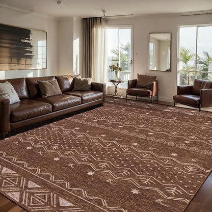 SERISSA 8x10 Area Rugs for Living Room, Washable Non-Slip Coffee Brown Boho Rug, Soft Low-Pile Geometric Indoor Large Carpet for Dining Room Bedroom Home Office Playroom