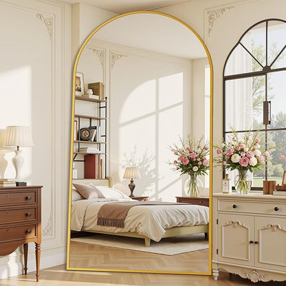 Suidia 90"x46" Arched Full Length Mirror with Stand, Full Body Mirror with Aluminum Frame, Freestanding/Leaning/Wall-Mounted, Floor Mirrors for Bedroom, Living Room, Entryway, Dressing Room, Gold