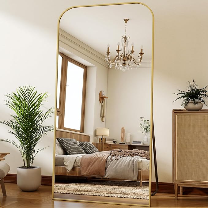 XRAMFY 40x86 Inch Floor Length Mirror with Stand, Full Length Standing Mirror for Bedroom, Full Body Tall Mirrors with Modern Aluminum Alloy Frame in Gold, Home Decor