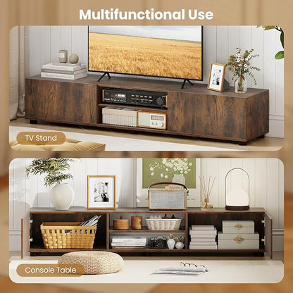 Tangkula Modern TV Stand for up to 70” TVs, 63”L Minimalist Entertainment Center w/ 2 Doors & Open Shelves, Media Console Table Storage Cabinet with 6 Support Feet for Living Room (Rustic Brown, 63”L)