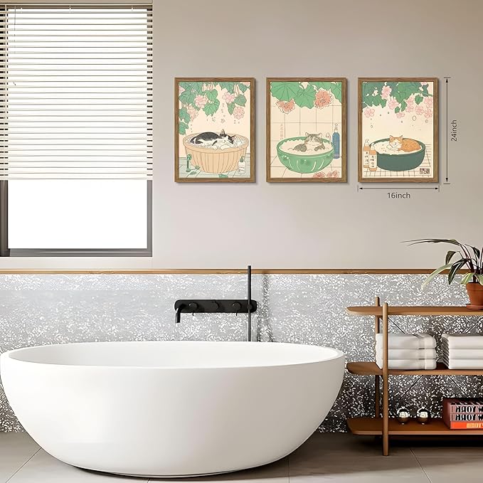 Japanese Cat Bathroom Wall Art Set of 3, Funny Cat in Bathtub Canvas Wall Decor Paintings, Vintage Japandi Cute Animal Aesthetic Poster Prints Pictures for Restroom Bathroom 16x24 Inch Framed