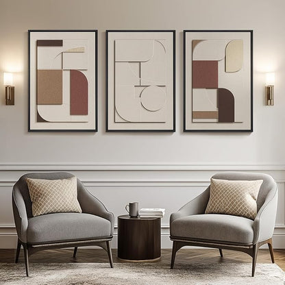 Large 3D Textured Framed Neutral Abstract Wall Art, Beige Brown Geometric Paintings Artwork for Walls, 3 Piece Modern Minimalist Earth Tone Pictures for Living Room Dining Bedroom Wall Decor 20x30 In