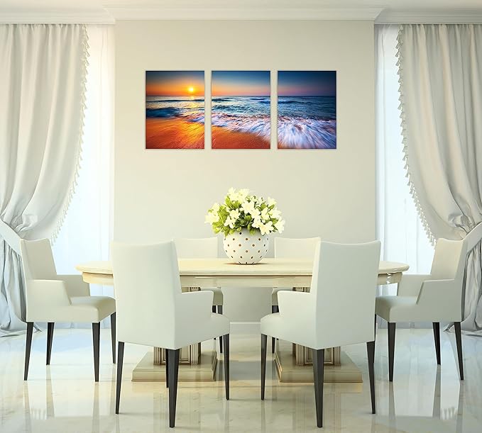 TutuBeer 3 Pcs Ocean Pictures Beach Pictures Beautiful Sunrise over the Sea Picture Print on Canvas Wall Decor Beach Picture Ocean Wall Art Stretched and Framed 16" x 32" x 3 Pcs