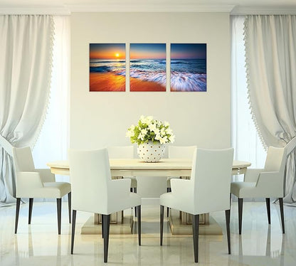 TutuBeer 3 Pcs Ocean Pictures Beach Pictures Beautiful Sunrise over the Sea Picture Print on Canvas Wall Decor Beach Picture Ocean Wall Art Stretched and Framed 12" x 24" x 3 Pcs