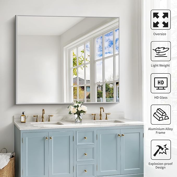 COFENY 40x48inch Silver Bathroom Mirror, Silver Rectangle Mirror with Frame, Large Rectangular Wall Mirrors for Bathroom, Living Room, Hair Salon, Big Farmhouse Mirror Hang Horizontal/Vertical