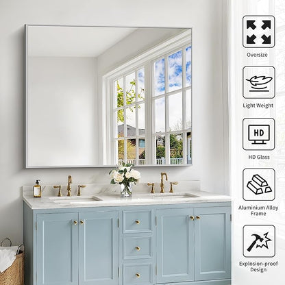 COFENY 40x48inch Silver Bathroom Mirror, Silver Rectangle Mirror with Frame, Large Rectangular Wall Mirrors for Bathroom, Living Room, Hair Salon, Big Farmhouse Mirror Hang Horizontal/Vertical