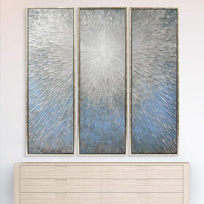 Empire Art Direct Abstract Wall Art Textured Hand Painted Canvas by Martin Edwards, Triptych, 60" x 20" each, Silver Ice