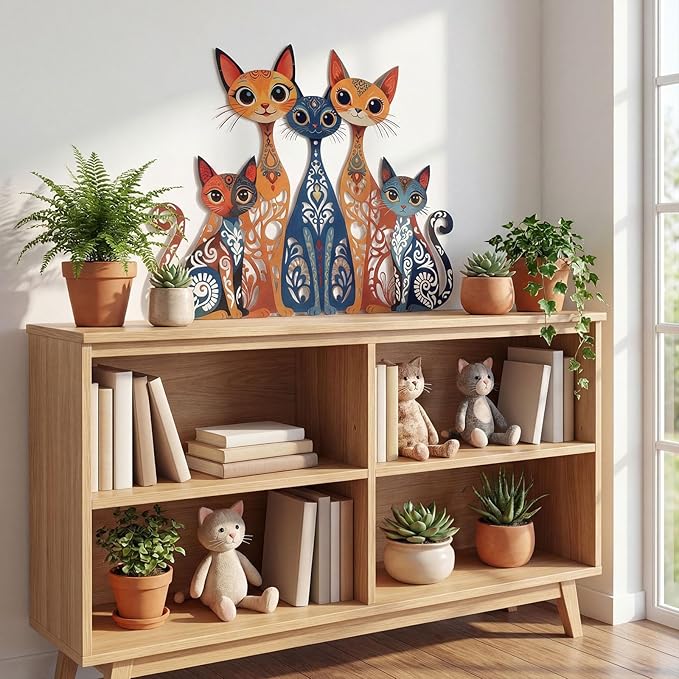 Wesiti Cat Wall Art Decor Iron Wall Sculptures Decor for Cats Lover 10.6 x 15.7 Inches Colorful Retro Mid Century Cat Signs for Home Living Room Bedroom Kitchen Office(Stylish)