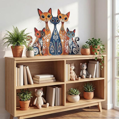 Wesiti Cat Wall Art Decor Iron Wall Sculptures Decor for Cats Lover 10.6 x 15.7 Inches Colorful Retro Mid Century Cat Signs for Home Living Room Bedroom Kitchen Office(Stylish)