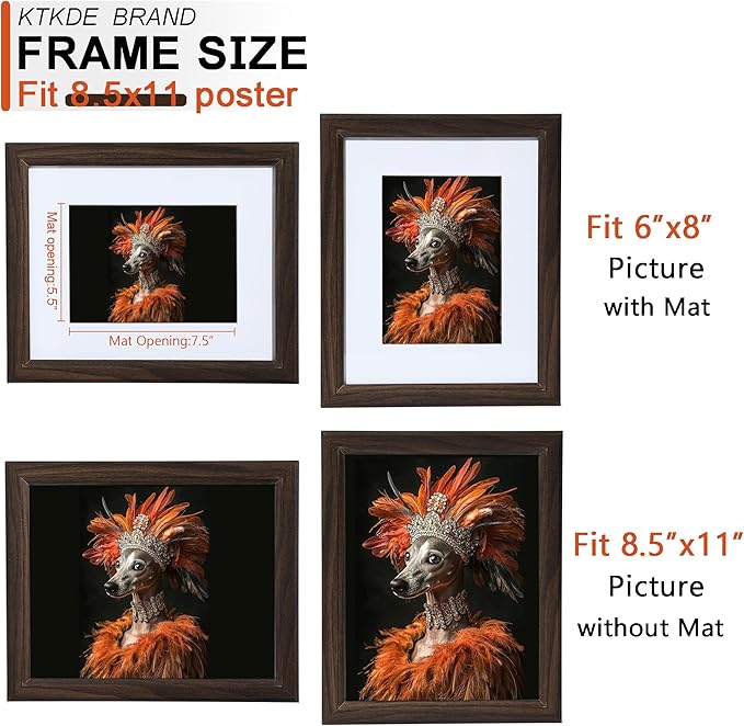 KTKDE 8.5X11 Picture Frame,Display Pictures 6x8 with Mat or 8.5x11 Without, Tempered Glass, 8.5 by 11 Walnut Wooden Frames Wall or Tabletop Frame,Certificate Document Diploma Award Frame best gift