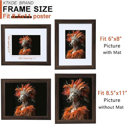 KTKDE 8.5X11 Picture Frame,Display Pictures 6x8 with Mat or 8.5x11 Without, Tempered Glass, 8.5 by 11 Walnut Wooden Frames Wall or Tabletop Frame,Certificate Document Diploma Award Frame best gift