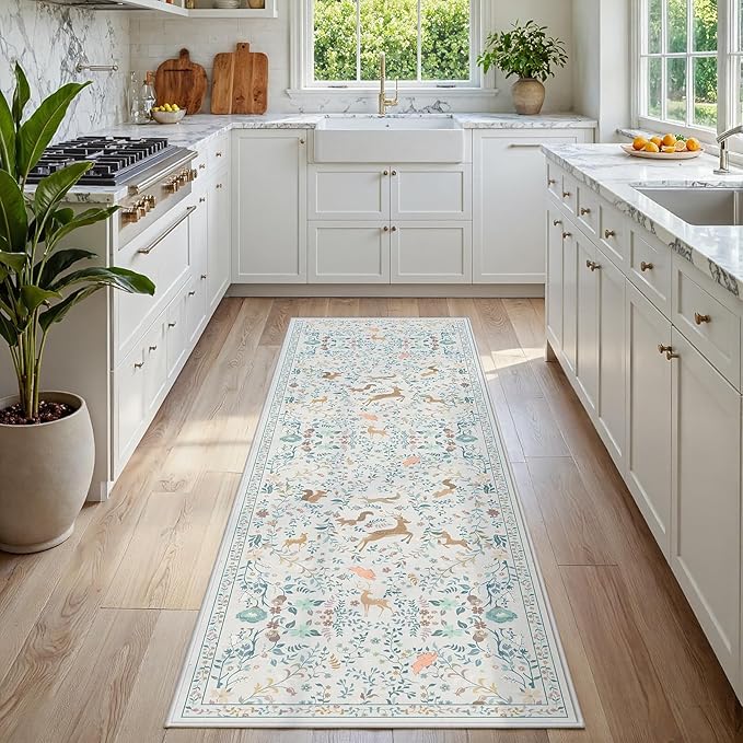 Runner Rug Washable Runners Kitchen Rugs Non Slip Neutral Floral Carpet Low Pile for Indoor Hallways Entryway Living Room Bedroom Laundry Soft Mat 2'6''x8' Cream Gray