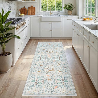 Runner Rug Washable Runners Kitchen Rugs Non Slip Neutral Floral Carpet Low Pile for Indoor Hallways Entryway Living Room Bedroom Laundry Soft Mat 2'6''x8' Cream Gray