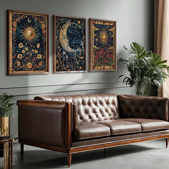 Tocliky Moon Sun Gothic Wall Art Tarot Card Celestial Canvas Poster Witchy Vintage Wall Decor Boho Floral Aesthetic Painting Dark Academia Mystical Astrology Posters for Bedroom 16x24x3 Inch Unframed
