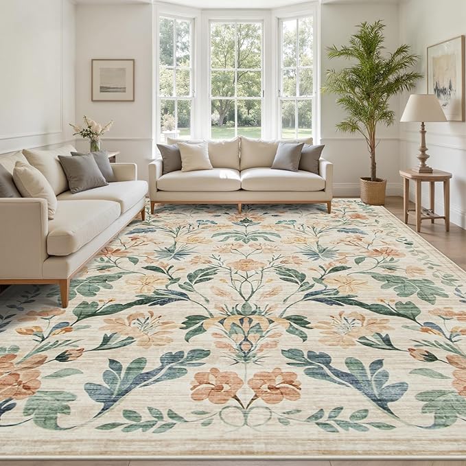 10x14 Area Rugs Washable Rug: Lagre Boho Living Room Rug Soft Non-Slip Thin Carpet Indoor Floor Non-Shedding Neutral Floral Carpets for Bedroom Dining Room Farmhouse Nursery Beige