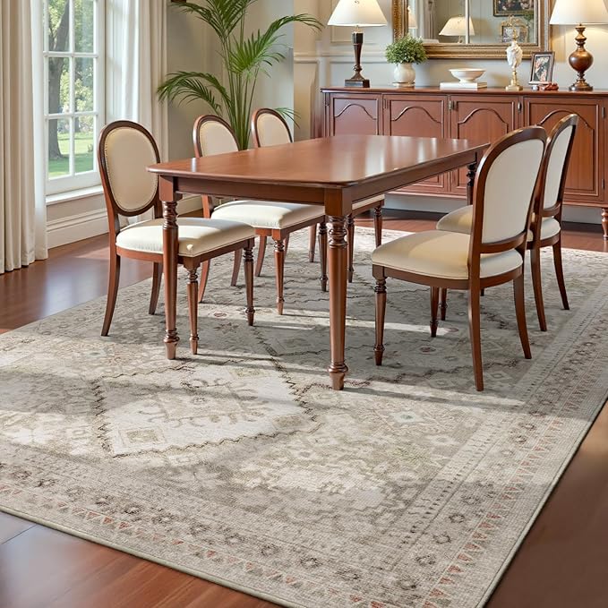 YOH Boho Washable Rug 9x12, Beige Grey Vintage Non Slip Area Rug, Distressed Indoor Carpet for Living Room Bedroom Kitchen Office