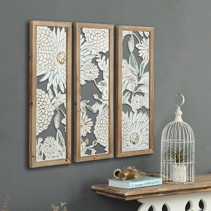 XIAOAIKA Boho Carved Wall Art Decor, 35.5 Inch Hand-Carved Panels, Antique Distressed White Wall Sculpture, Decorative Hanging Wall Décor, Elegant Vintage Wall Art Plaque (3 Panels)