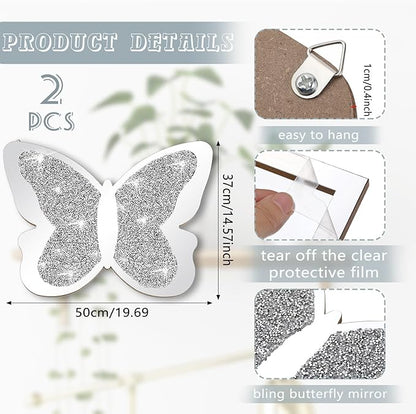 Vesici 2 Pieces Butterfly Shaped Mirror Crystal Crushed Diamond Silver Mirror Silver Wall Decor for Living Room Modern Decorative Artwork for Nursery Wedding Decor(19.69 x 14.57 Inch)