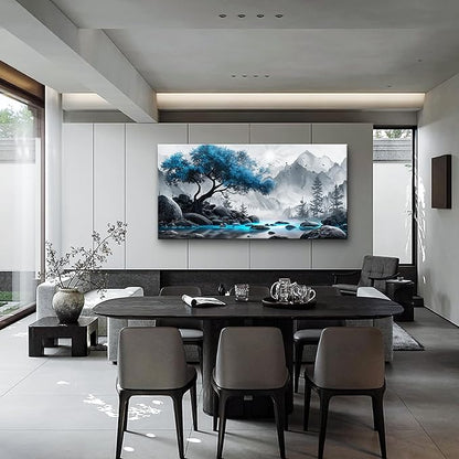 Lapremoly Large Canvas Wall Art For Living Room, Office, Bedroom - Black And White Painting - Blue Tree Landscape - Hotel Artwork - Family Home Decor