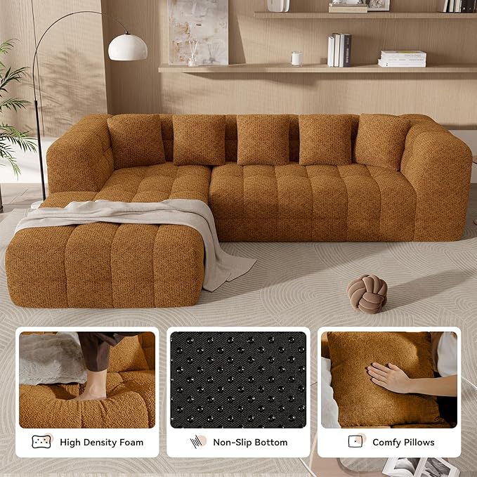 107" Boneless Couch with L - Shaped Chaise, Modern Chenille Modular Sectional Sofa with Tufted Design, Comfy Upholstered Sofa, No - Assembly Sectional Couch, Orange-Brown