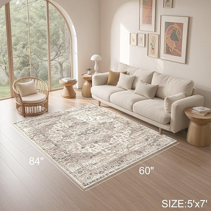 Area Rug 5x7 Washable Vintage - Soft Traditional Rugs for Living Room Large Non Slip Backing with Low Pile Farmhouse Oriental Retro Carpet for Bedroom Dining Room or Home Office - Tea Brown