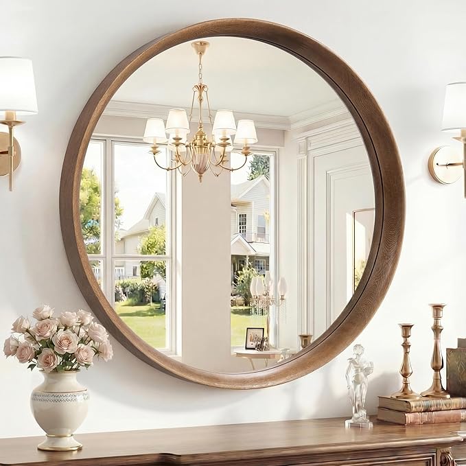 Brakki Round Wall Mirror with Wood Frame, 28 inch Circle Mirror for Bathroom Bedroom Entryway Vanity Living Room, HD Shatterproof Glass, Wall Mounted Decor, Hanging or Leaning, Walnut