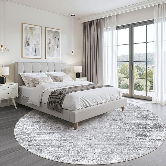 6ft Round Rug Living Room: 6x6 Washable Large Neutral Grey Circle Area Rug Abstract Soft Modern Stain Resistant Indoor Floor Non-Slip Carpet for Bedroom Nursery Kids Office Playroom Dining Room