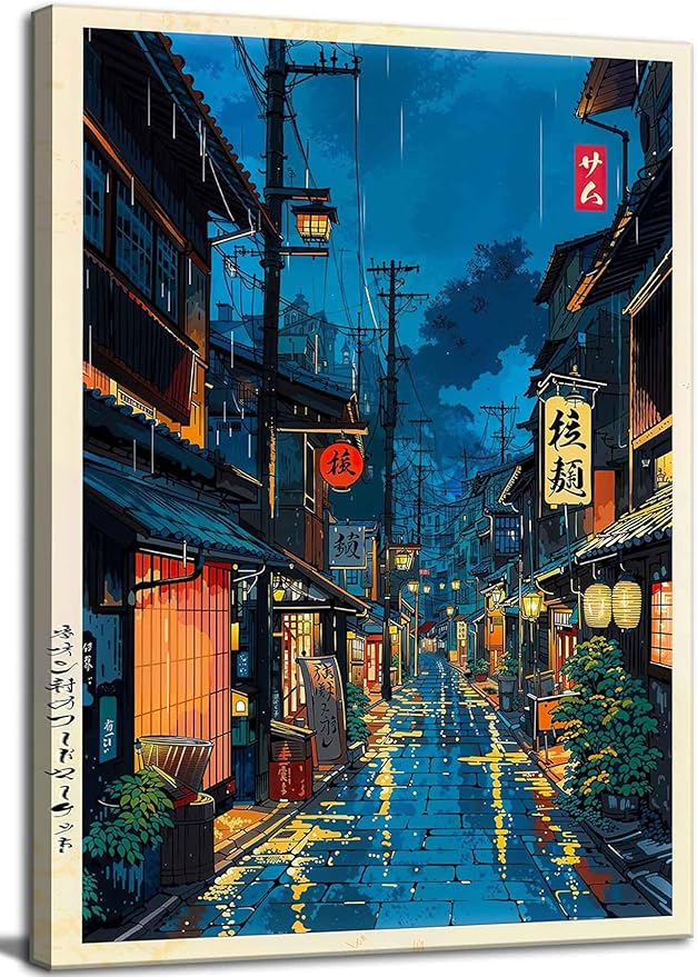 Tokyo Tea House Canvas Wall Art Japanese City Street Coffee Decor painting Pictures Ukiyo-e Illustration Anime Posters Prints for living room Bathroom Bedroom Office Hallway Home Decoration