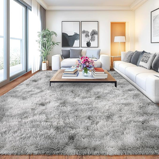 Large Soft Fluffy Rugs for Bedroom, Anti-Skid Indoor Carpet Nursery Rugs for Kids Room Home Decor, Fuzzy Rug Tie-Dyed Light Grey 9x12 Feet