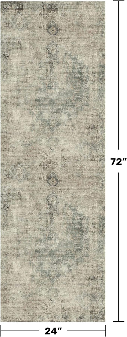 Washable Kitchen Runner Rug 2x6, Green and Brown Low Pile Soft Rugs for Bedroom Beside Bed, Runner Carpets for Hallway Non Slip, Entryway, Bathroom, Vintage Medallion Abstract Décor