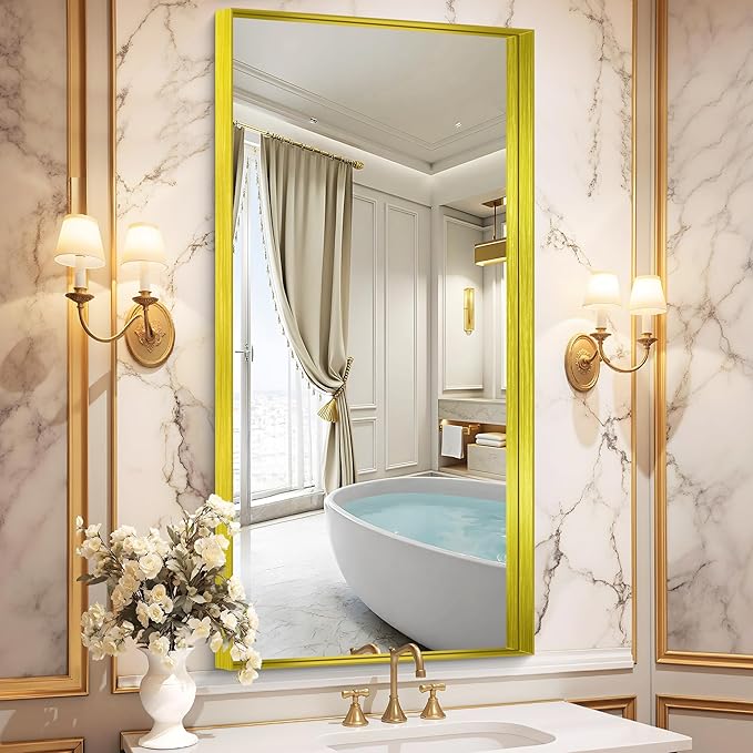 CIRCUMI Gold Bathroom Mirror, 24"x48" Rectangular Mirror with Deep Metal Frame, Brushed Finish, Tempered Glass, Mirror for Wall, Oversink, Bedroom, Installed Vertically/Horizontally, Crystal-Clear