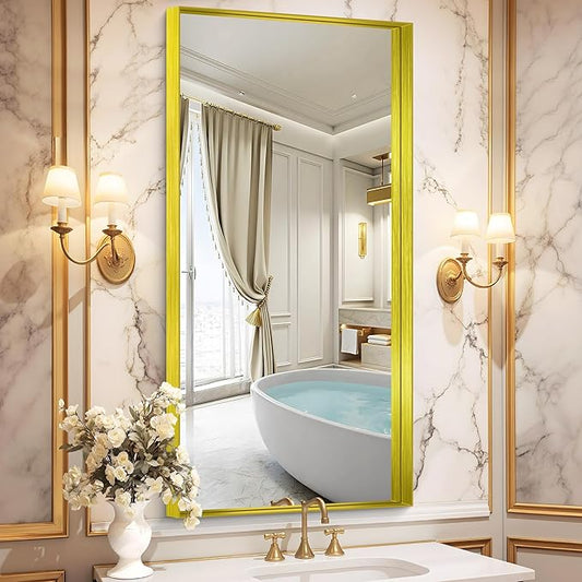 CIRCUMI Gold Bathroom Mirror, 24"x48" Rectangular Mirror with Deep Metal Frame, Brushed Finish, Tempered Glass, Mirror for Wall, Oversink, Bedroom, Installed Vertically/Horizontally, Crystal-Clear