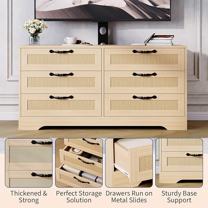 GarveeHome TV Stand with Mount, 47.2" Modern Entertainment Center 6-Drawer Rattan Dresser for 32-85 Inch TVs, Media Console Table with Storage for Living Room, Bedroom, Natural