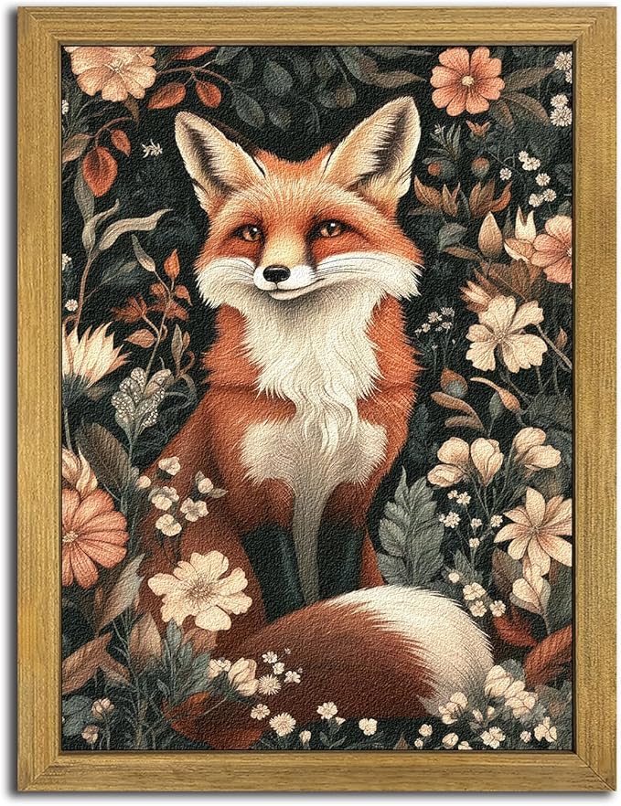 Framed 3D Textured Vintage Wall Art, Hand Drawn Sandstone Fox Wall Decor Paintings, Whimsical Forest Animal Floral Botanical Aesthetic Picture, Cottage Core Home Nursery Decor 16X24 inch