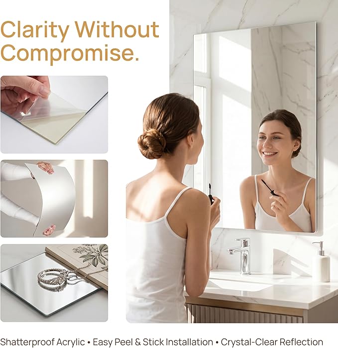 iCAGY Acrylic Mirror for Wall for Kids Adults Bedroom Door Closet Acrylic Shatterproof Self-Adhesive Lightweight Plastic Mirror Tile Sheet, Reflective Safe Plexiglass - Silver 12x14 inch 2 Pcs