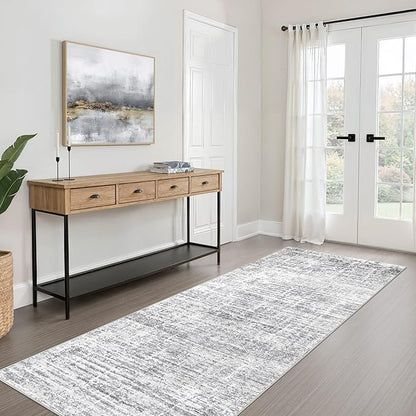 Runner Rug Non-Slip Kitchen Rug: 3x8 Washable Abstract Modern Soft Stain Resistant Indoor Floor Neutral Accent Throw Carpet for Hallway Bathroom Laundry Room Bedroom Entryway- Grey