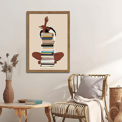 AKWISH Wood Framed Black Girl Canvas Wall Art – African American Wall Decor, Modern Black Woman with Book Art for Bedroom Living Room – 36x24 inch