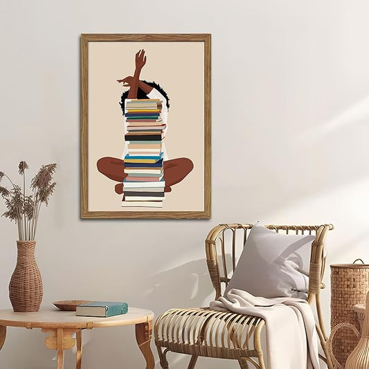 AKWISH Wood Framed Black Girl Canvas Wall Art – African American Wall Decor, Modern Black Woman with Book Art for Bedroom Living Room – 36x24 inch